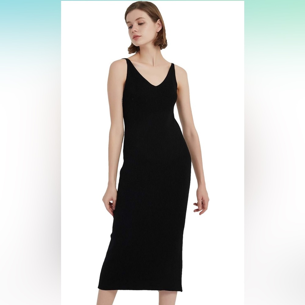 Women's Sleeveless Sweater Dress Knit Slim V Neck Bodycon Midi Stretchable